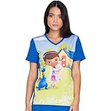 Tooniforms By Cherokee Women's V-Neck Knit Panel Doc Mcstuffins Print Scrub Top