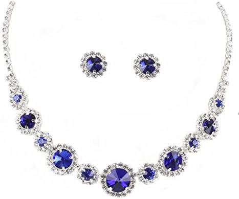 Clear and Vivid Blue Rhinestone Bib Statement Necklace in Silver-Tone with Earrings