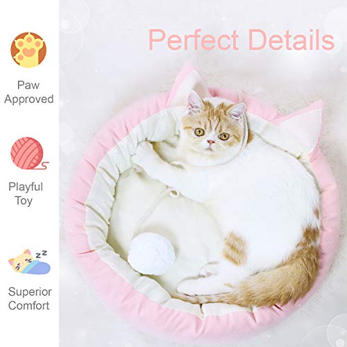 Cat Bed Round Pet Bed for Cats, Kittens, Puppies and Small Dogs / 18.5 inch Washable Pet Bed with Waterproof Bottom and Free Blanket (Removable Pillow)
