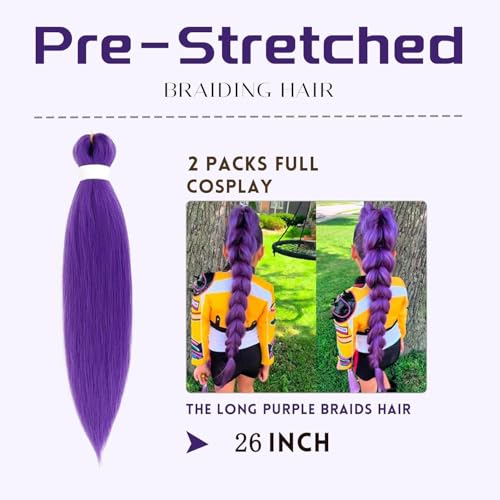 2PCS Purple Pre-Stretched Braiding Hair, Texture Synthetic Fiber Long Purple Hairs Extensions Synthetic Profession Purples Hair Extensions for Braids, Halloween Costume Cosplay Hairs Extensions