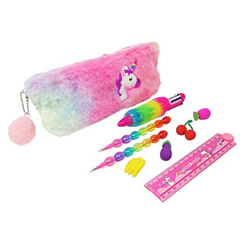 PARTEET Unicorn Fur Pouch with 1 Fur Pen 4 Color, 2 Pencils, Fruit Eraser Packet and Folding Scale, Silver, Combo of 5 PARTEET Unicorn Fur Pouch with 1 Fur Pen 4 Color, 2 Pencils, Fruit Eraser Packet and Folding Scale, Silver, Combo of 5