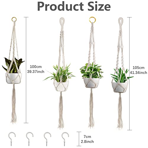 4 Packs Macrame Plant Hangers with 4 Hooks, Qveetry Hanging Planters Indoor Outdoor Handmade Cotton Rope, Flower Pots Holder for Home Garden Balcony Ceiling Decorations