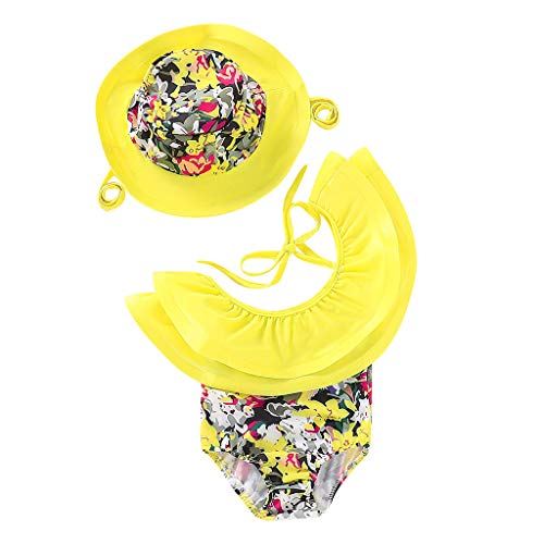 Jshuangâ¤ï¸(6M-3Y) Toddler Baby Girl Ruffled Swimwear Floral Swimsuit Cap Bathing Beach Clothes Setï¼ˆYellowï¼‰