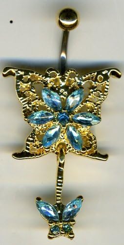 Body Fashion Belly Ring Diamond Gold Buterfly Dangle Navel Ring with Cz Stones 14g Belly Piercing with Surgical Steel Bar (Blue)