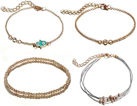 Caingmo 4Pcs Boho Summer Crystal Evil Eye Adjustable Open Bracelet Anklet Women Jewelry
