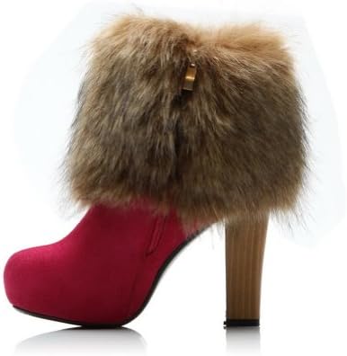 Vouge009 Women's Imitated Mink Hair High Chunky Heels Colorant Match Ankle Boots with Zipper,Peach,38