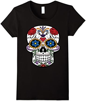 Womens Skull and Roses Halloween T-Shirt Small Black