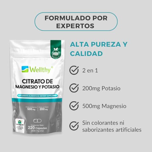 Wellthy Citrato de Magnesio y Potasio 220 Cápsulas. Tomar Sólo una Cápsula al día, Excelente fuente de Potasio y Magnesio, Cápsula Vegana, Bottle Free.