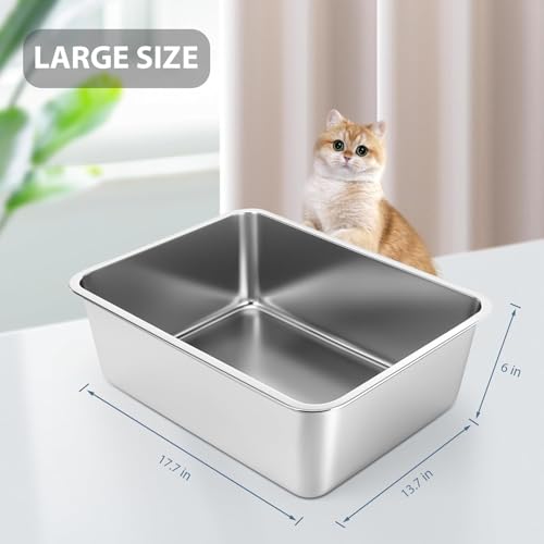 Stainless Steel Cat Litter Box - Large Litter Box for Big Cats - Easy to Clean, Never Absorbs Odor, Stains, or Rusts - Silver (17.7" L x 13.5" W x 6" H)