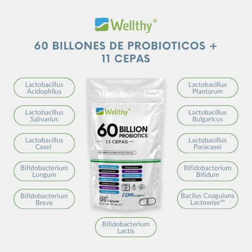 Wellthy Probioticos 60 Billones 11 Cepas. 120 Cápsulas 4 meses de Consumo, Cápsulas Veganas, DRcaps® Acción Prolongada, Bottle Free.