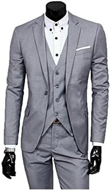 SIPEI Men's Slim Fit Peak Lapel Suit Blazer Jacket Tux Vest &amp; Trousers 3-piece Suit Set Light Grey XS