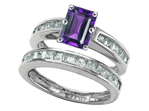 Star K Emerald Cut Genuine Amethyst Wedding Set Size 7