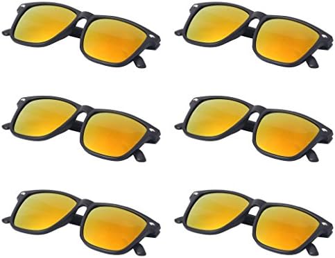 SCLM Mirror Lens Spring Hinge Lightweight Wayfarer Party Sunglasses (Pack of 6) (Gold, Black)