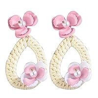 LLtidmsWL Earrings Fashion Flower Faux Pearl Rattan Woven Waterdrop Triangle Pendant Women Boho Stud Earrings Waterdrop Pink