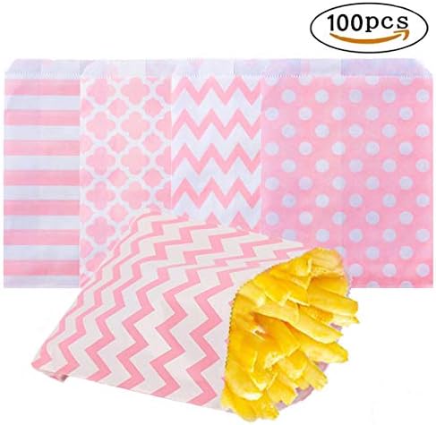 Food Safe Biodegradable Paper Candy Cookie Treat Bags For Party Favor - 100 Counts Assorted Design, 7.09 x 5.12 inches (Pink)