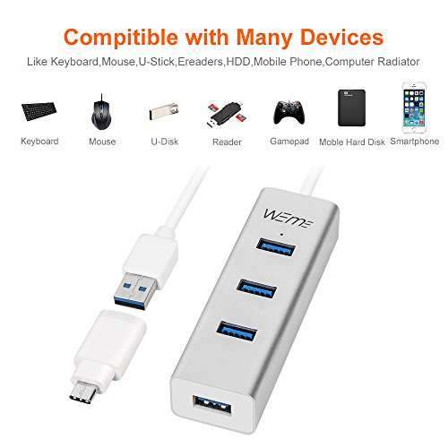 USB C Hub, WEme Portable 4 Port USB 3.0 Hub with Type C Adapter Converter, 2 in 1 USB Data Hub Compatible with Mac, iMac, MacBook Air, Surface Pro and Other Type C Devices, Unibody Aluminum - Thumbnail 2
