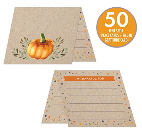 Koko Paper Co Thanksgiving Place Cards with Fill-in Gratitude Cards | Pack of 50 Cards | Printed on Heavy Card Stock.