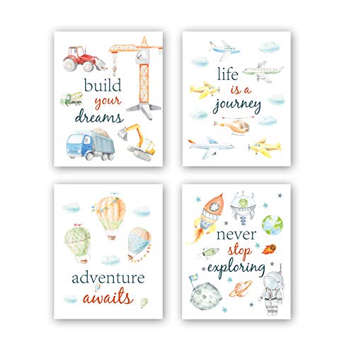 CHDITB Cartoon Car Art Print,Inspirational Phrases Quotes Art Print, Construction Vehicle Airplane Canvas Poster,Set of 4(8" x10" ) Outer Space Painting,Balloon Artworks for Boys Room Playroom Decor