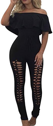 Lyheller Women Sexy Ruffle Off Shoulder High Waisted Long Pants Bodycon Party Club Jumpsuit Romper (Medium, Black)