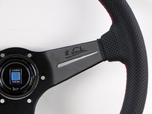 Nardi Steering Wheel - Deep Corn - 350mm (13.78 inches) - Black Perforated Leather with Red Stitching - Classic Horn Button - Part # 6069.35.2093