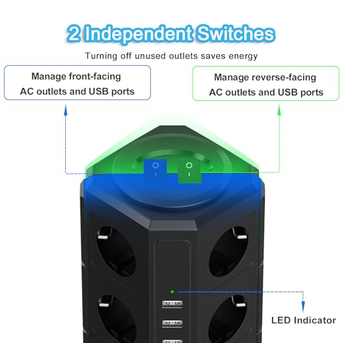 Power Strip Surge Protector 4000W/16A, 12 Outlets with USB, Power Outlet with Switch, Power Strip for Office, Kitchen, 2M Cable