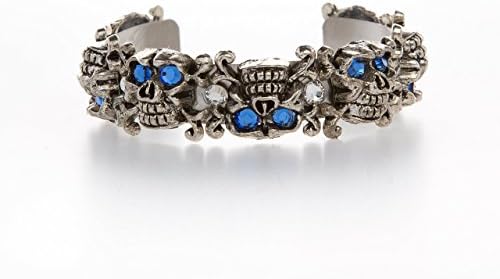 Edgy & Sexy Cuff Bracelet with Silver Skulls w/Genuine Blue Swarovski Crystal Eyes