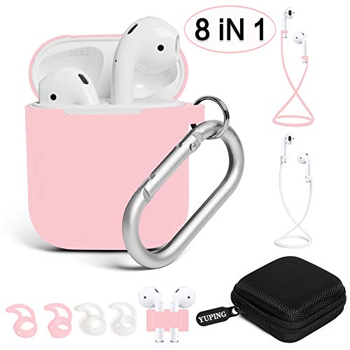 YUPING AirPods case Designed Separately Silicone Protective Cover,2 Anti-Lost Strap/2 Pairs of Ear Hooks/Airpods Watch Band Holder/Carabiner/Headphone Case Compatible for Apple AirPods(8 in 1)-Pink