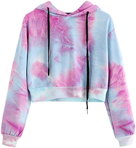 Womens Hoodies Crop Tops Casual Loose Fit Tie-Dye T-Shirt Fashion Drawstring Long Sleeve Hooded Sweatshirt Comfy Breathable Sportswear Jumper Pullover Blouses Tee Shirt Autumn Winter