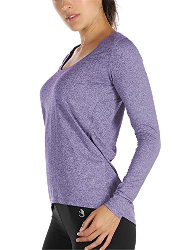 icyzone Long Sleeve Workout Shirts for Women-Women's Athletic Tops, Yoga Shirts, Thumb Hole Running Tops (XL, Lavender)
