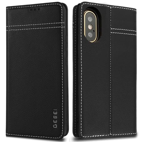Gebei Hülle Echt Leder für iPhone X, iPhone XS - Premium Lederhülle Klapphülle mit Standfunktion und Kartenfächer Flip Case Ledertasche für iPhone X,