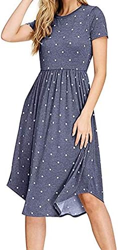 Women's Casual Summer Short Sleeve Pleated Polka Dot Loose Swing Midi Dress with Pocket