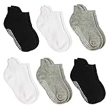 Aminson Anti Slip Non Skid Ankle Socks With Grips for Baby Toddler Kids Boys Girls (6 Pairs-Black/White/Grey, 6-12 Months)