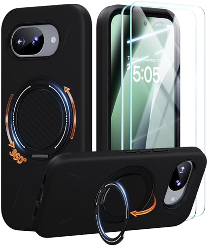 JAME for Google Pixel 9A Case 6.3" with Ring Holder Stand Kickstand, Dual Layer Shockproof Protective Cover with Screen Protector, Magnetic Accessory Friendly Google Pixel 9A Phone Case, Dark Black