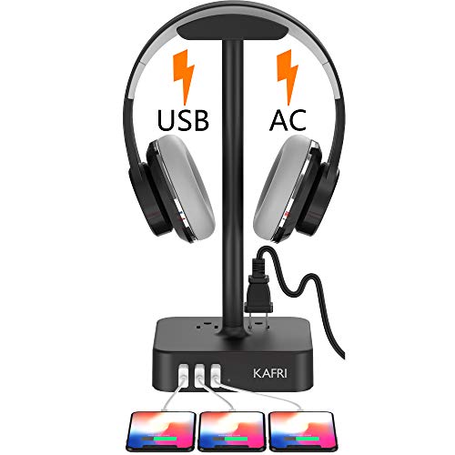 KAFRI Headphone Stand with USB Charger Desk Gaming Headset Holder Hanger Rack with 3 USB Charging Port and 2 AC Outlet – Suitable for Gamer Desktop Table Wireless Earphone Accessories