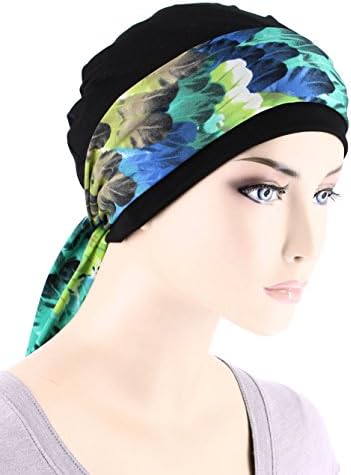 Womens Black Chemo Cap with Peacock Blue Print Sash for Cancer Hair Loss