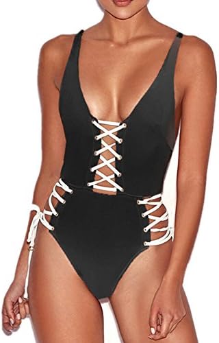 Saitai Swimwear Women's One-Piece Criss Cross Front Swimsuit Solid Color Monokini (Large, Black)