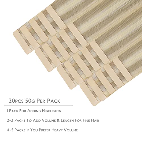 WENNALIFE Adhesive Hair Extensions Natural Hair, 35 cm, 50 g, 20 Pieces, Aschblond bis Goldblond und Platinblond, Remy Hair Extensions Human Hair