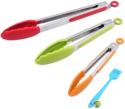 Stainless Steel Kitchen Tongs, Set of 3-7,9,12 Inch,Non-Stick Food Tongs with Silicone Tips for Barbeque, Cooking, Grilling Turner(multi color - Green, Red, Orange)