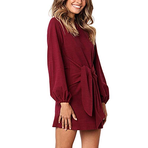 EbuyGo Women\'s Long Sleeve Casual Round Neck Wear to Work Casual Pencil Dress Belt