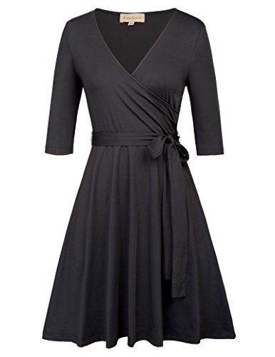 Solid Women Wrap Pinup Wiggle Vintage Dresses with Belt Size M Black KK786-1