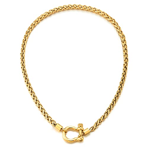 COOLSTEELANDBEYOND Mens Women Stainless Steel Foxtail Wheat Chain Necklace, Screw Anchor Shackle Nautical Sailor Clasp