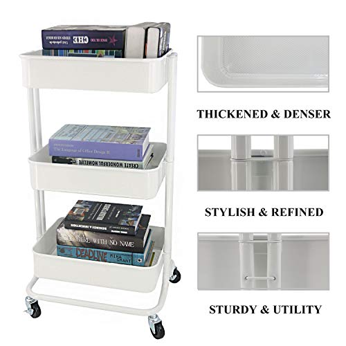 Ovicar 3-Tier Metal Rolling Utility Carts, Heavy-Duty Storage Shelves, Trolley Organizer with Handles and Wheels for Office Home Kitchen Bathroom Organization, White