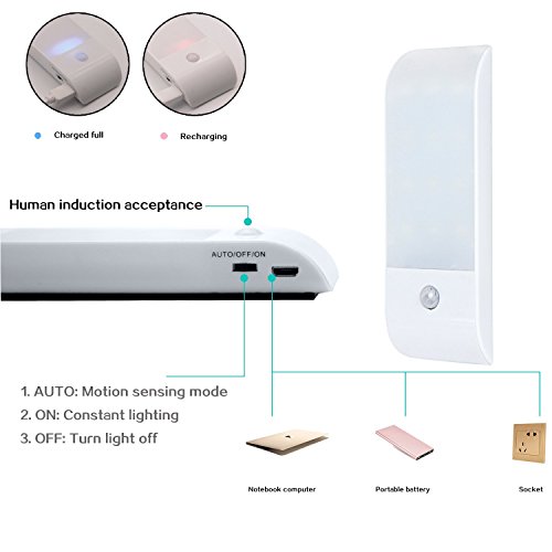Motion Sensor Light LED Under Cupboard Night Light with Rechargeable Battery DIY Stick-on Anywhere Security Lights and Emergency Lights for Hallway Bedroom Drawer Wardrobe Cupboard Lights (2 Pack)