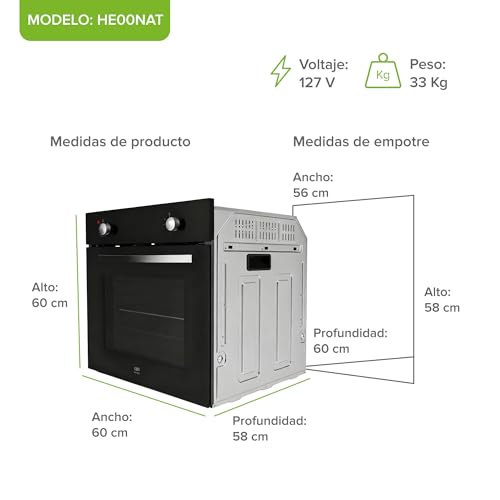 AVERA Horno empotrable para Gas Natural, 58 Litros, 60 cm, Control de temperatura 130° - 250°C, Temporizador 90 min, Luz interior, Encendido eléctrico 127V, Funciones Hornaer y Asar | HE00NAT