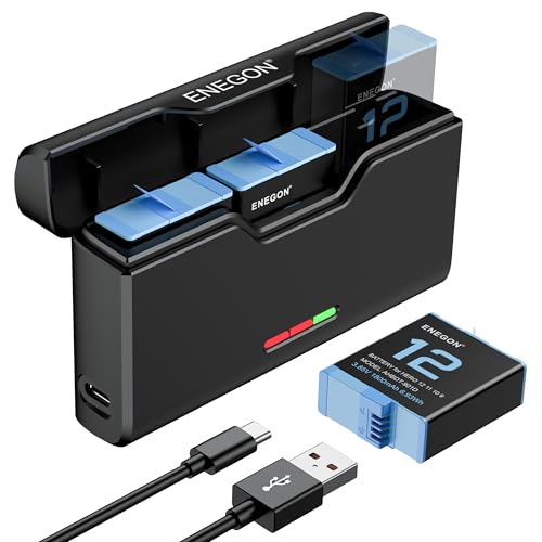 ENEGON Battery for Gopro Hero 12 11 10 9(1800 mAh 3-Pack) and Triple USB LCD Battery Chargers with SD Card Storage Compatible with GoPro Hero 12/11/10/9 (3 x Batteries + 1 x Charger, Black)