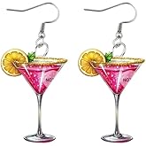 Pink Martini Cocktail Cup Acrylic Dangle Drop Earrings for Women Lightweight Statement Lemon Wine Glass Creative Hook Earring Fashion Summer Beach Party Vacation Hawaiian Holiday Jewelry Gift