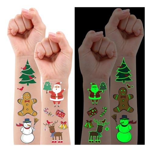 Partywind Luminous Christmas Temporary Tattoos for Party Decorations, Glow Christmas Stocking Stuffers for Kids Party Favors Supplies, Xmas Holiday Stickers for Kids Boys Girls - 4 Sheets