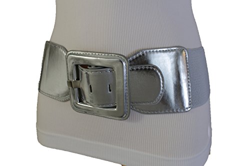 TFJ Women Fashion Belt Hip High Waist Wide Elastic Waistband Square Buckle M L Silver