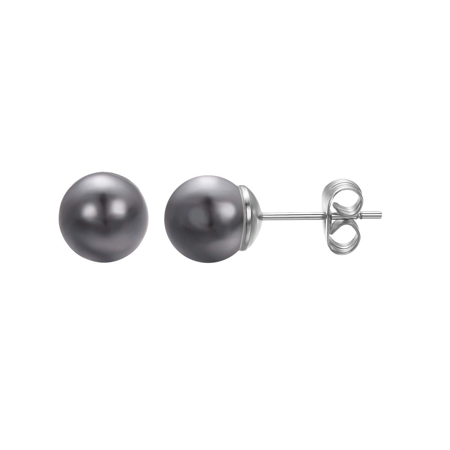 Vogem Grey Pearl Stud Earrings for Women Silvery Hypoallergenic 8mm Small Round pearls Earring Dainty Jewelry