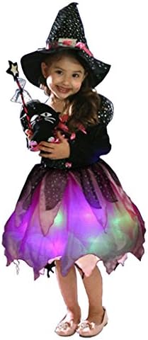 Wantschun Girls Led Light Up Witch Costume Set Fairytale Dress-up Witch Dress + Hat + Candy Bag + Magic Stick